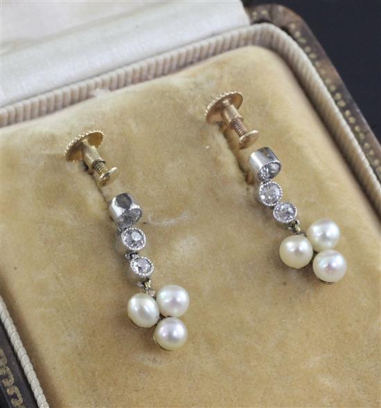 A pair of early 20th century 9ct gold, diamond and seed pearl cluster drop earrings, 18mm.